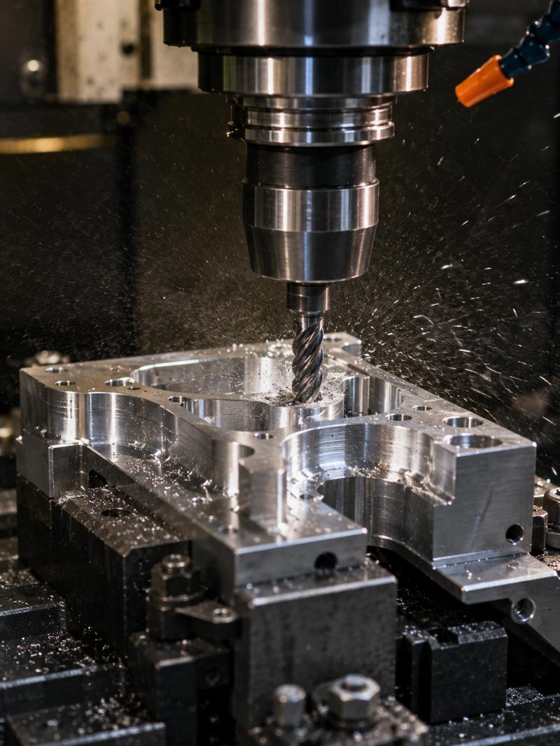 CNC milling a solid metal block with chips at engineer-run UD Manufacturing in central Arkansas